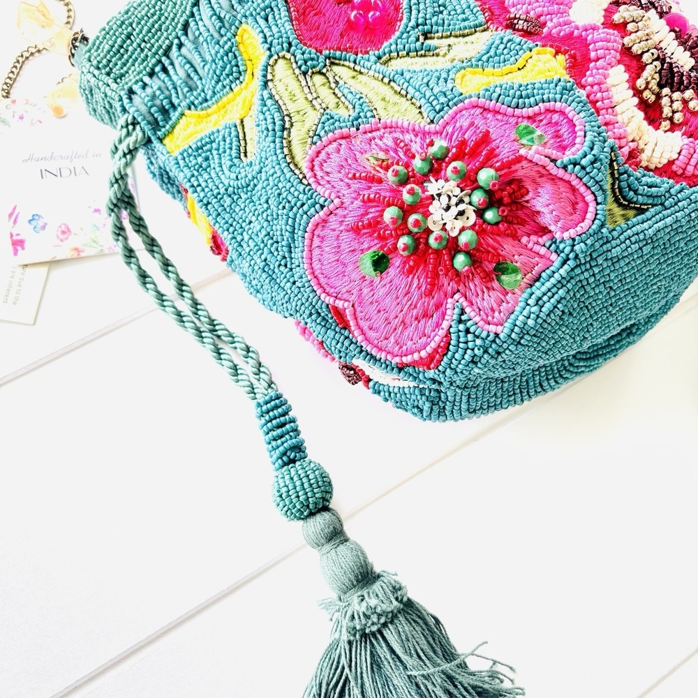 TikTok Viral India Beaded Bucket Bag Floral Embroidered Tassels Teal Crossbody - Picture 8 of 11